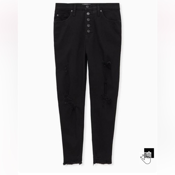 Torrid Sky High Skinny distressed ripped raw hem button fly black jeans Sz 22S - Picture 5 of 12